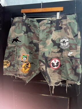 Legacy Edition distressed patchwork cut off cargo fatigues